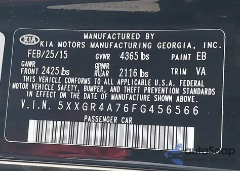 2015 Kia Optima Sx из США, поврежденный, VIN 5XXGR4A76FG456566